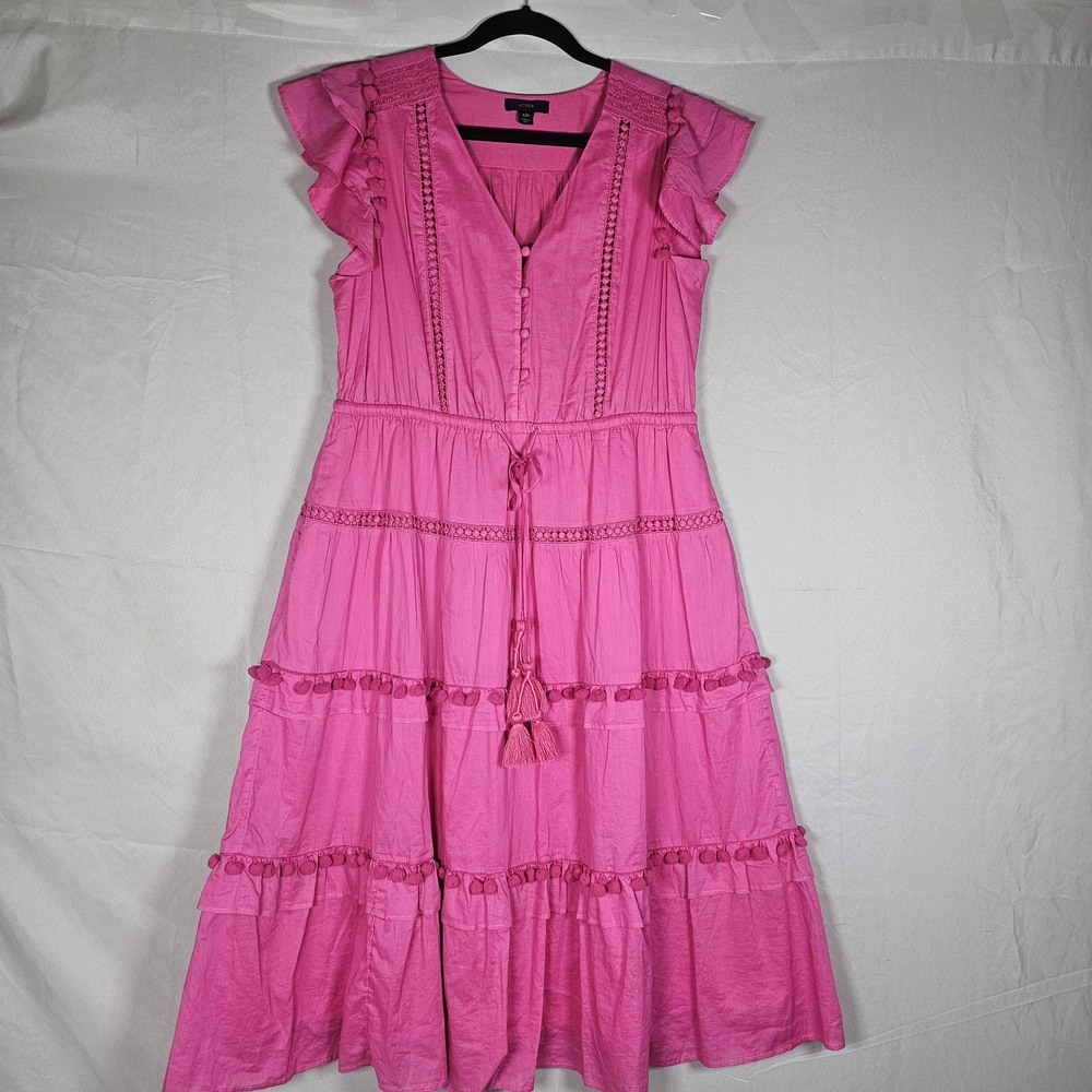 J. Crew Point Sur Pom‎ Pom Flutter Sleeve Midi Dress Flamingo Pink sz 12P - Picture 2 of 13